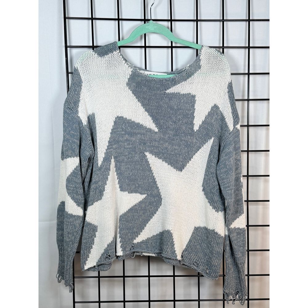 Wildfox Seeing Stars Sweater Womens S Grayish Blue Oversized Distressed Hem Punk